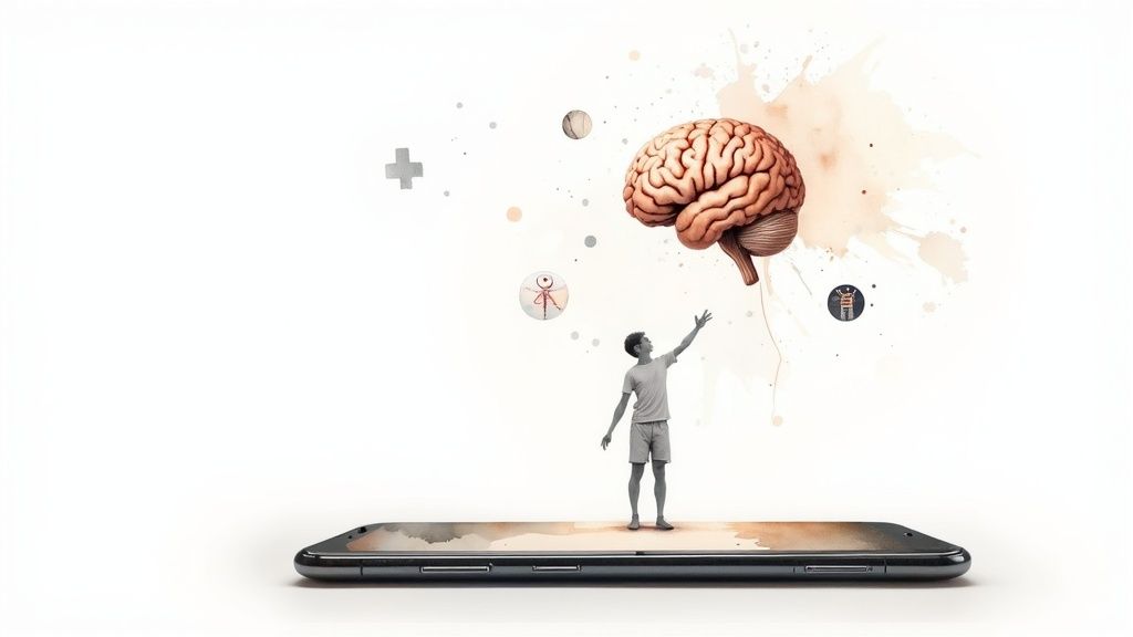 An abstract image showing AI neural networks intertwined with healthcare icons, symbolizing the fusion of AI and mobile health