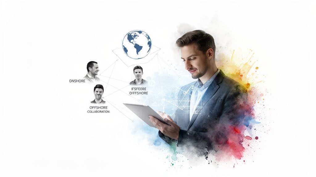 Man uses a tablet for global collaboration, connecting with onshore and offshore teams via technology.