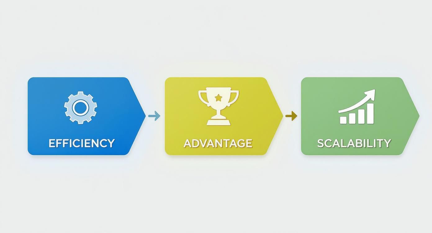 Three connected arrows showing progression from efficiency through advantage to scalability with icons