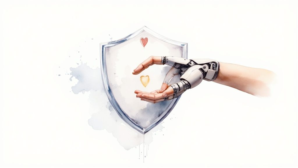 A diverse group of people collaborating around a table with holographic AI interfaces, symbolizing public trust in technology.