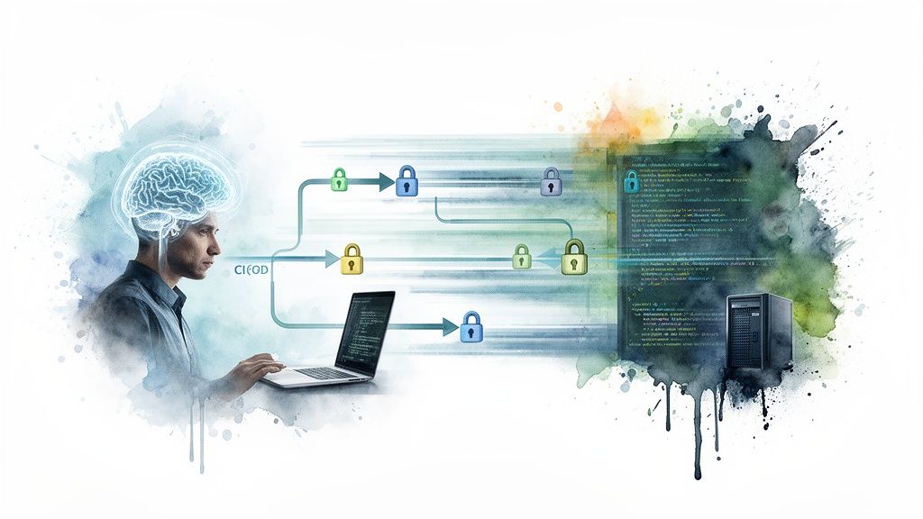 Man with glowing brain and laptop secures CI/CD pipeline, connecting processes with padlocks, code, and a server.