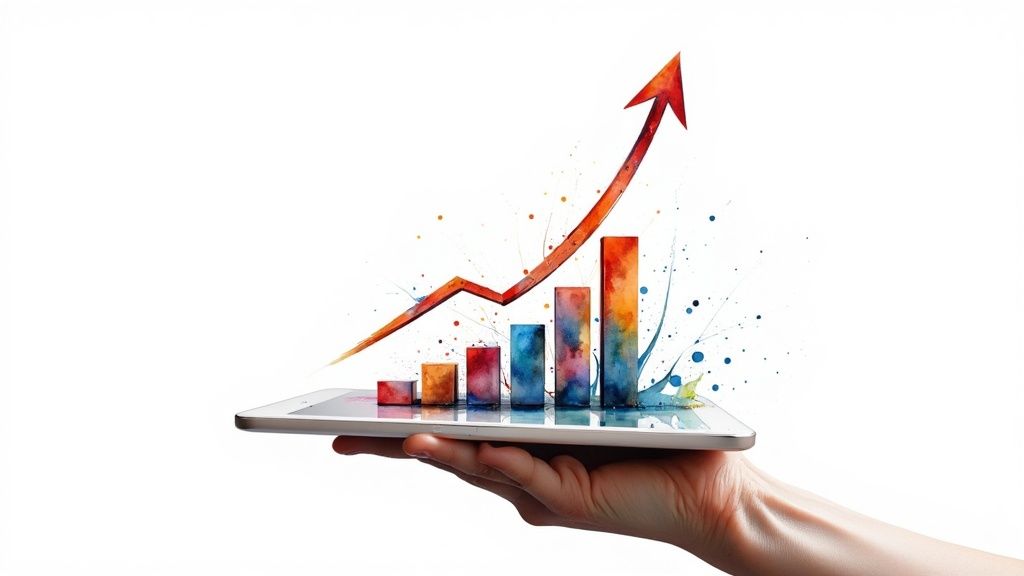 A hand holds a tablet displaying a watercolor bar chart with an upward-pointing arrow, symbolizing growth.