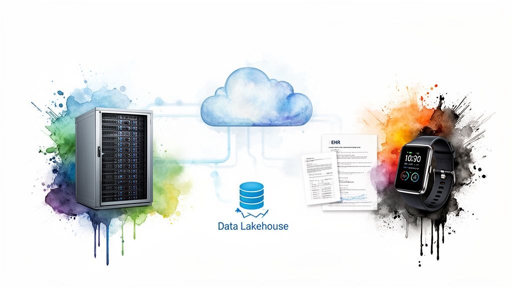 Healthcare data flow with server, cloud, data lakehouse, EHR documents, and smartwatch.