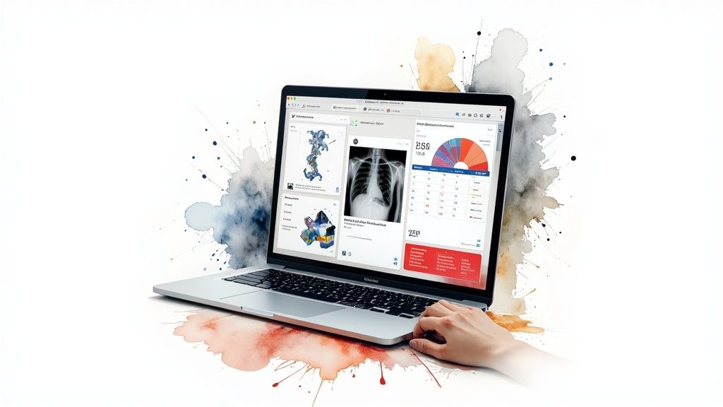 A doctor and a robot arm collaborating over a futuristic medical display.