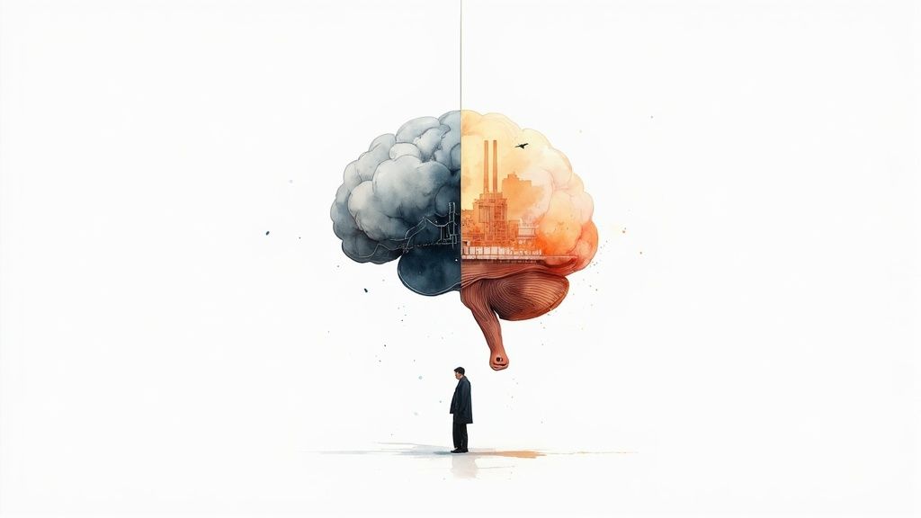 Watercolor brain split: one side showing industrial pollution, the other a factory. A person stands below contemplating.