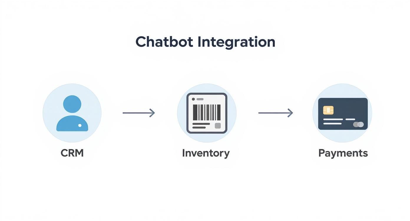 Infographic showing the process flow of chatbot integration, connecting to CRM for user profiles, Inventory for product data, and Payments for transactions.
