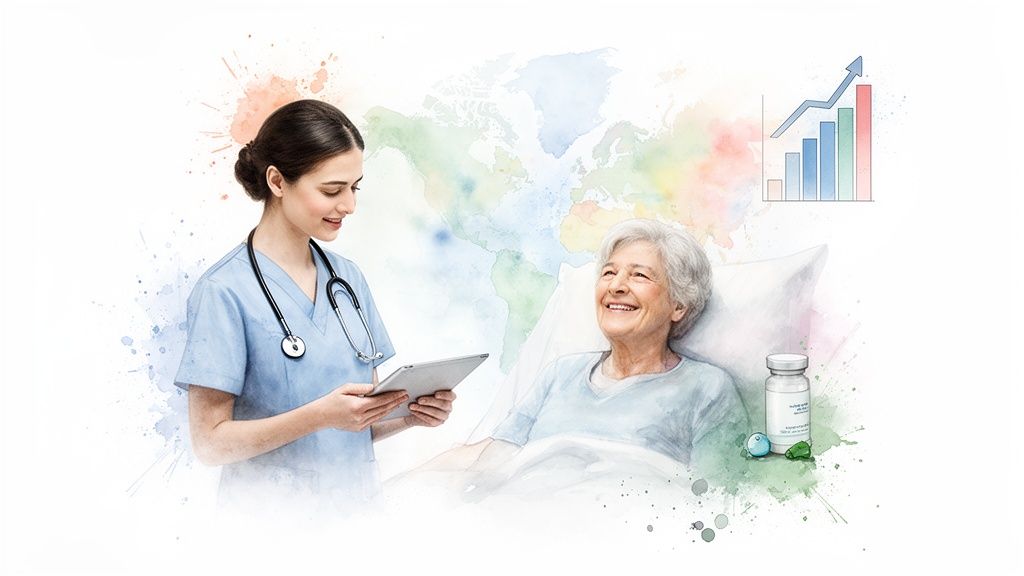 A nurse uses a tablet with a smiling elderly patient, illustrating healthcare analytics and global reach.