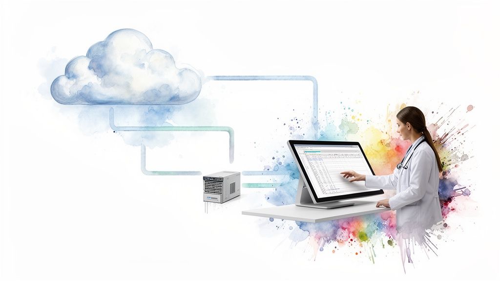 Healthcare professional managing medical data on a computer connected to a cloud and server infrastructure.