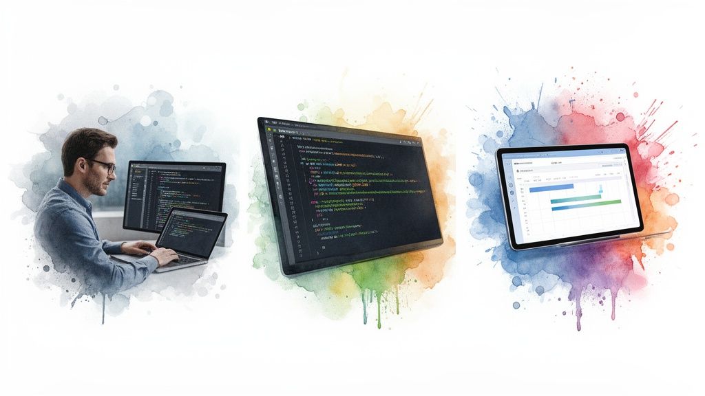 A developer working on software with multiple screens, showcasing coding and project management tools amidst watercolor splashes.