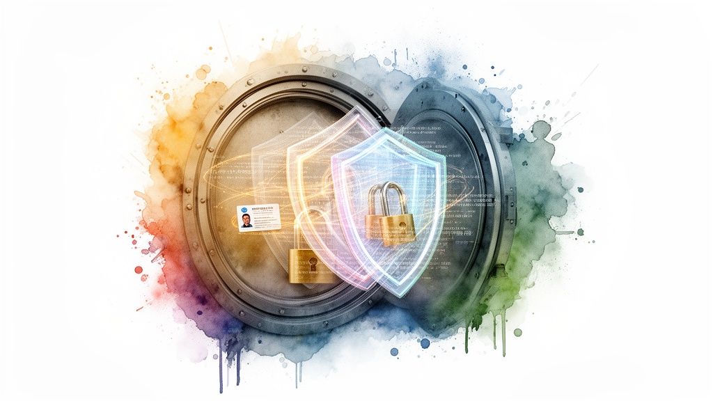 Digital security concept with glowing shields, padlocks, and a vault door, amidst colorful watercolor splashes.
