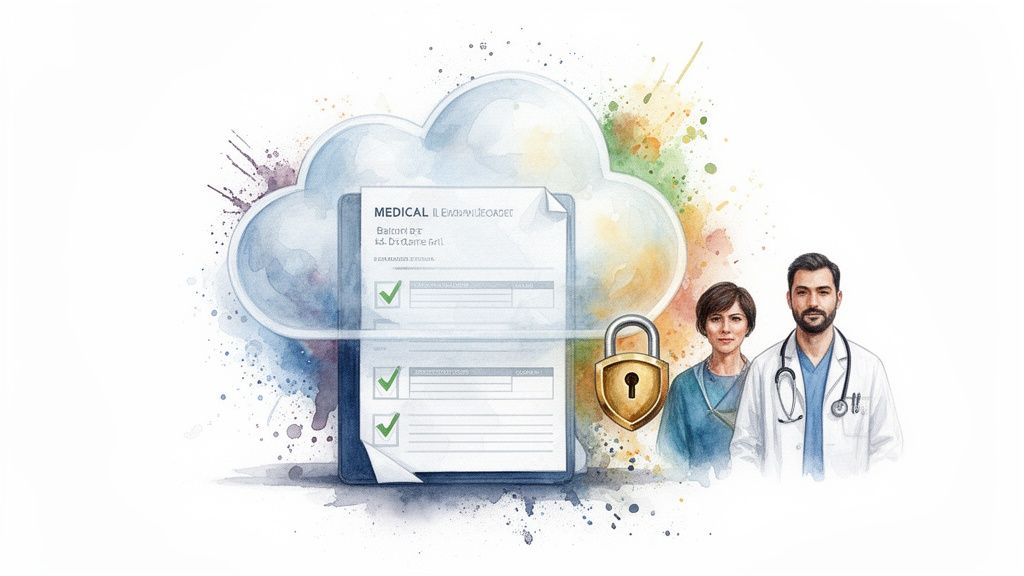 Watercolor art depicting secure digital medical records in a cloud, alongside two healthcare professionals, symbolizing healthcare data protection.