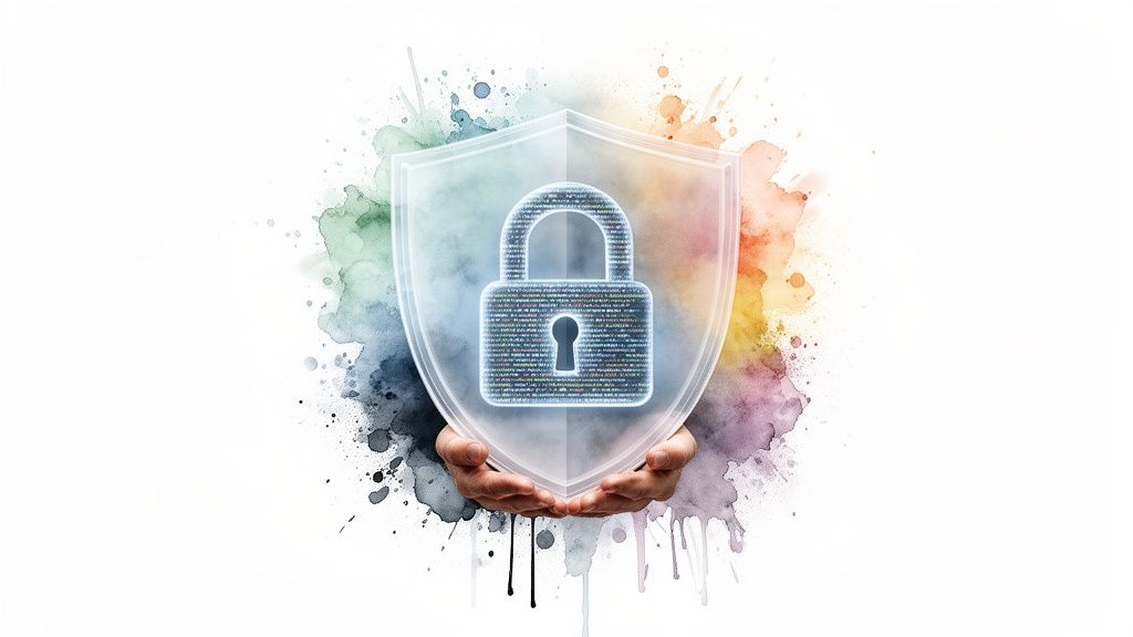 Two hands hold a transparent shield with a glowing digital padlock filled with code, surrounded by colorful watercolor splashes.