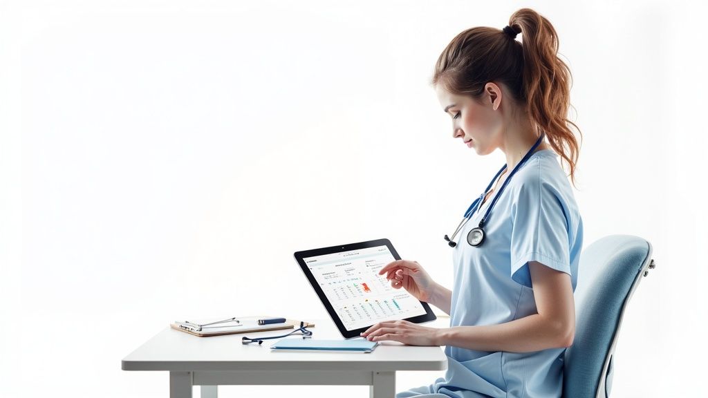 A hospital administrator reviewing data on a tablet in a modern, well-lit hospital corridor.