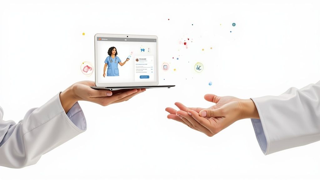 Two healthcare professionals interacting with a laptop displaying an AI doctor chatbot, surrounded by medical icons.