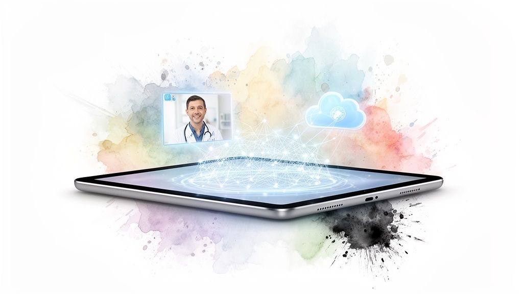 A tablet displays a telehealth consultation with a doctor, connected to a healthcare cloud.