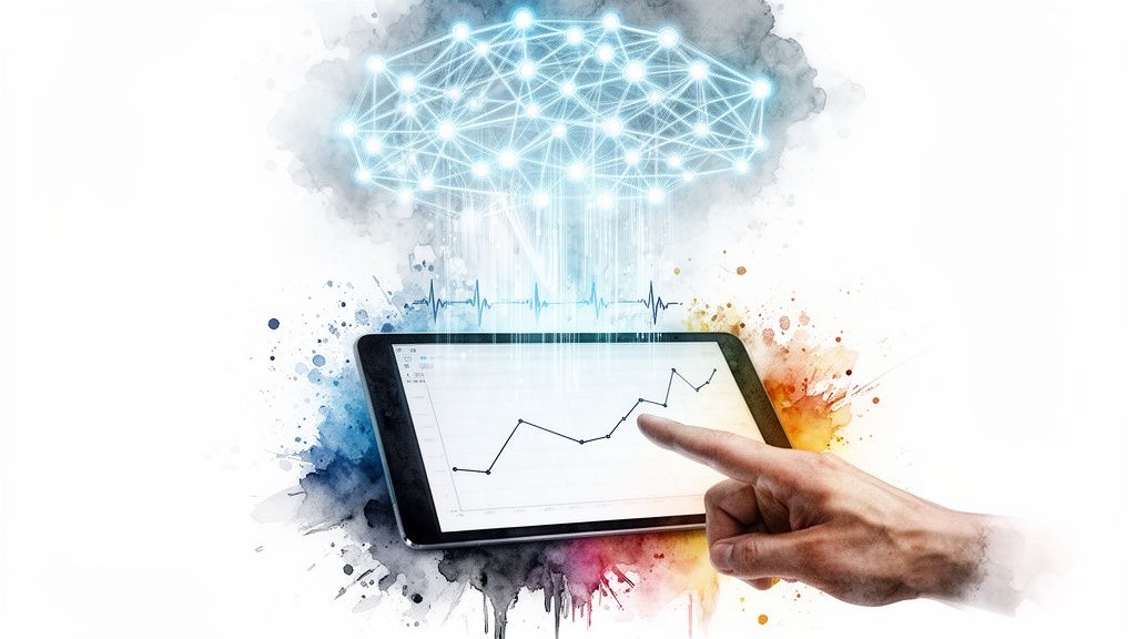 Digital health monitoring: Hand on tablet with data graph, connected to cloud network and heartbeat.