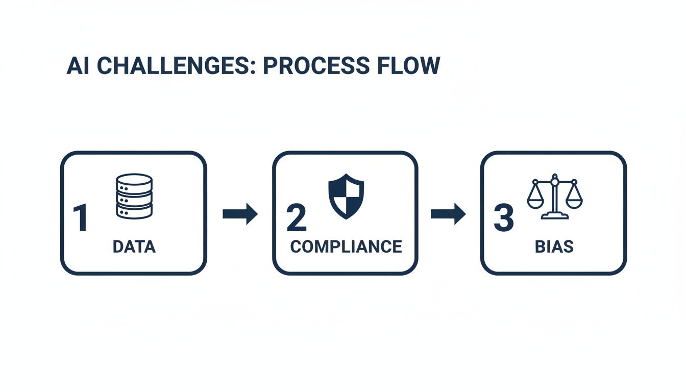 A process flow diagram illustrating AI challenges, including Data, Compliance, and Bias with icons.