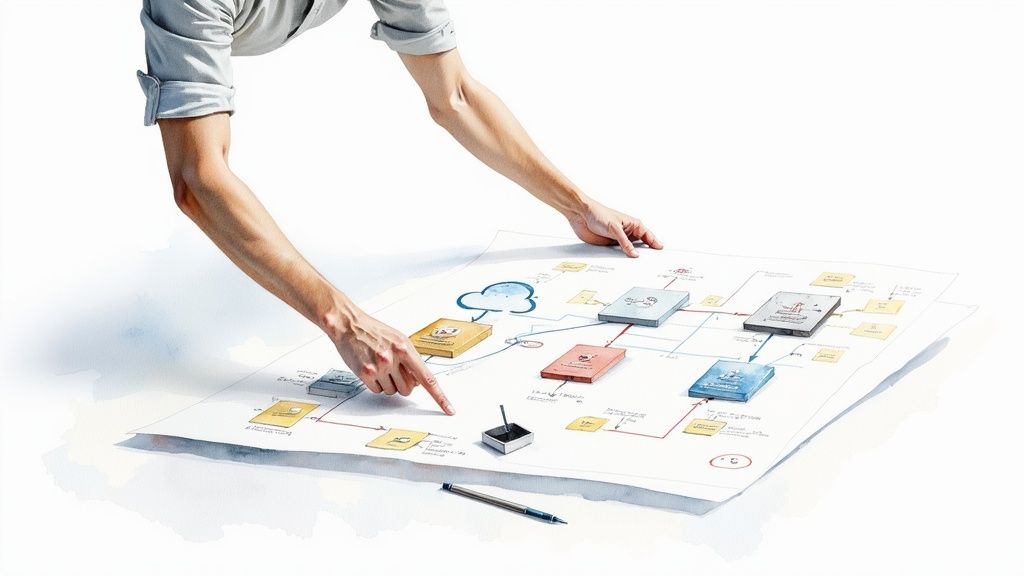 Hands pointing at elements on a detailed blueprint diagram illustrating a cloud-based system architecture.
