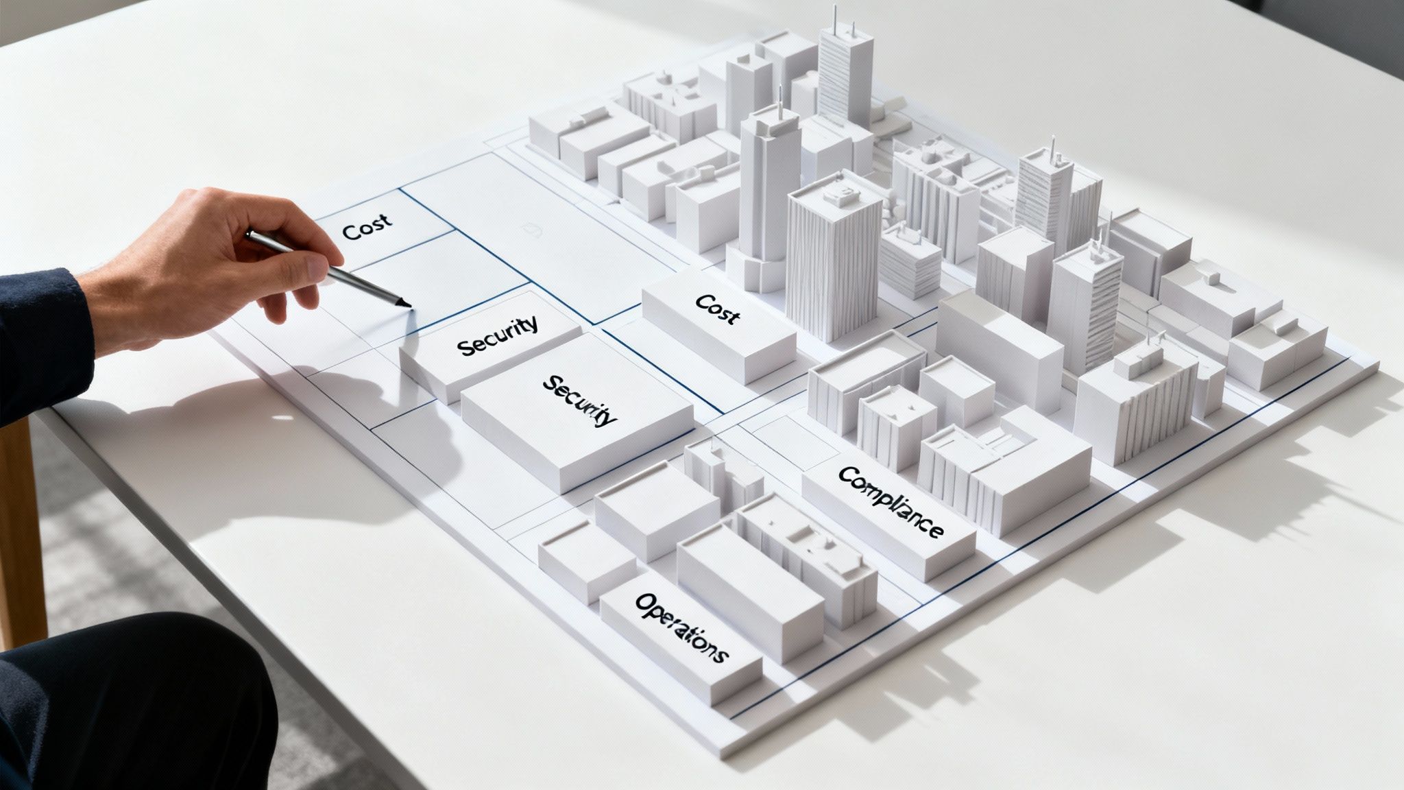 A team collaborating around a digital dashboard, representing the strategic planning involved in cloud governance.