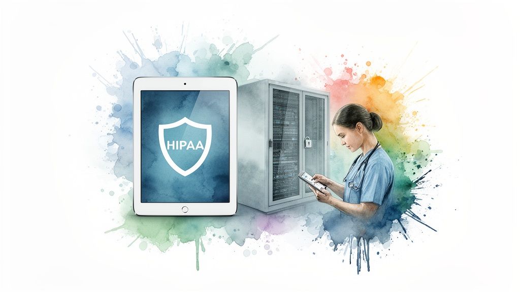 Healthcare professional manages medical data on a tablet, with HIPAA shield and secure server, highlighting data protection.