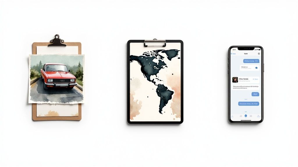Three items on white: a clipboard with a red car painting, a clipboard with a world map, and a smartphone showing a chat app.
