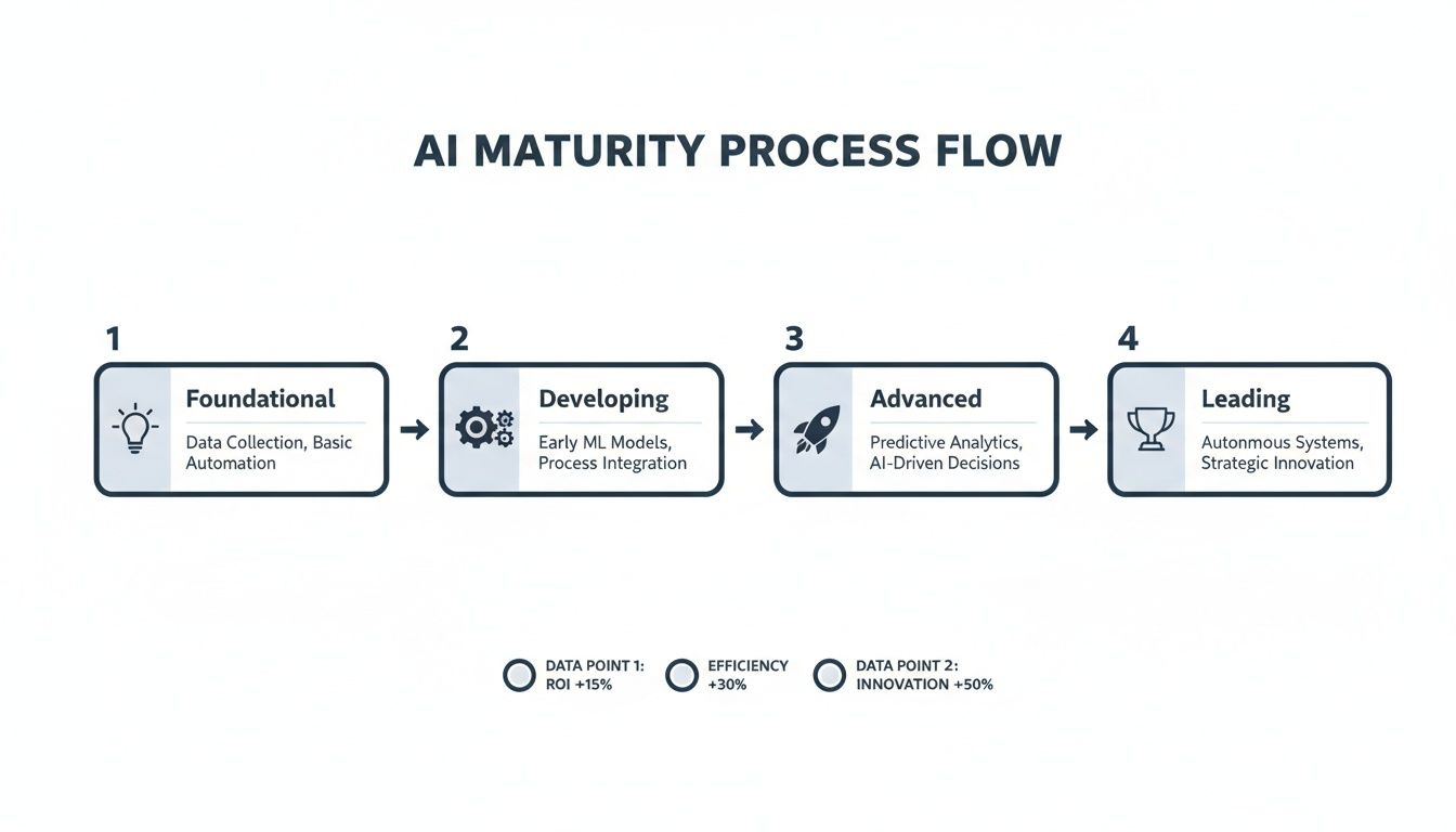 AI maturity process flow chart showing four stages: Foundational, Developing, Advanced, Leading, with data points.