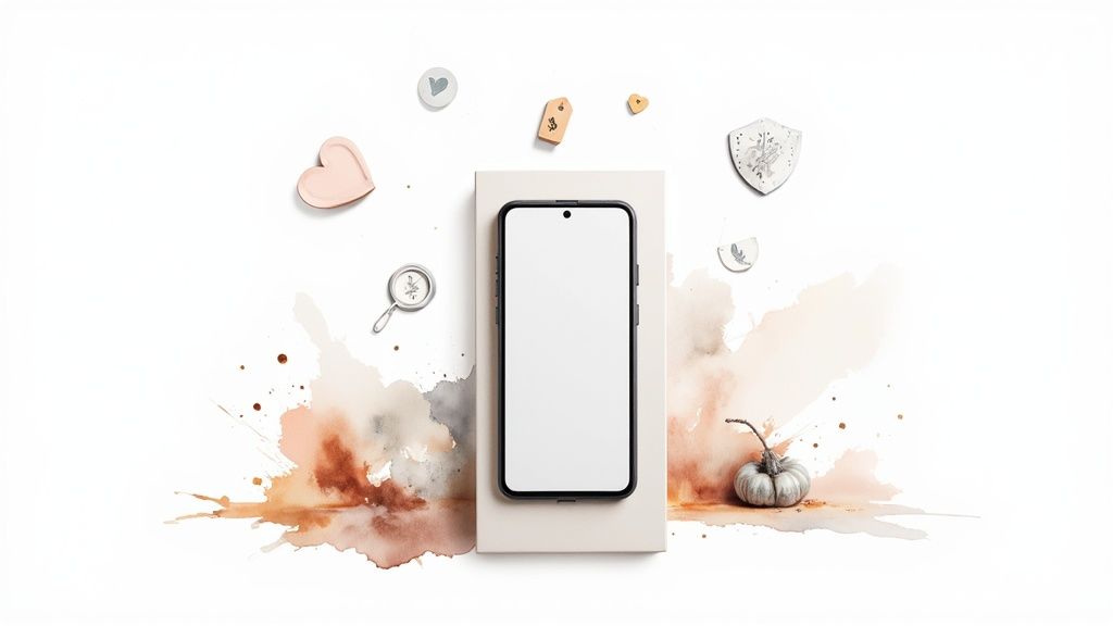 Smartphone mockup with autumn watercolor art and decorative heart accessories on white background