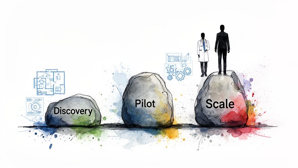 Three rocks labeled Discovery, Pilot, Scale illustrate the progression of innovation, from blueprints to scaling with professionals.
