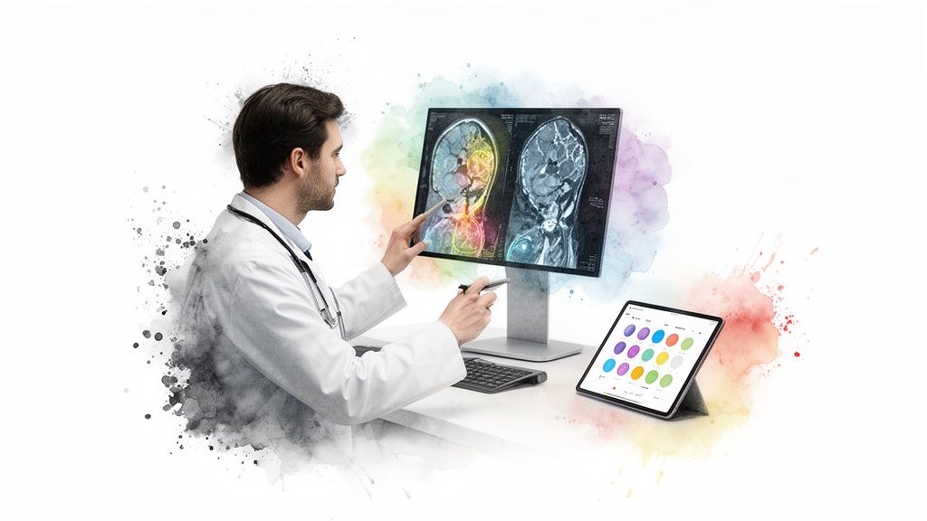 Doctor reviews AI-enhanced medical scans on a display with a tablet on the desk.