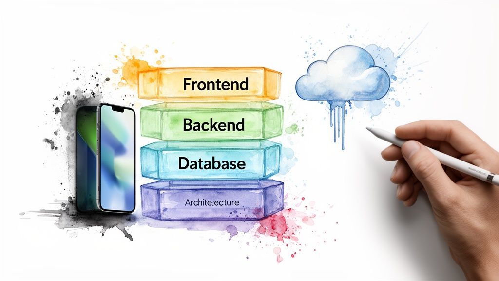 A watercolor illustration depicting a smartphone, layered software architecture (Frontend, Backend, Database), a cloud, and a hand holding a stylus.