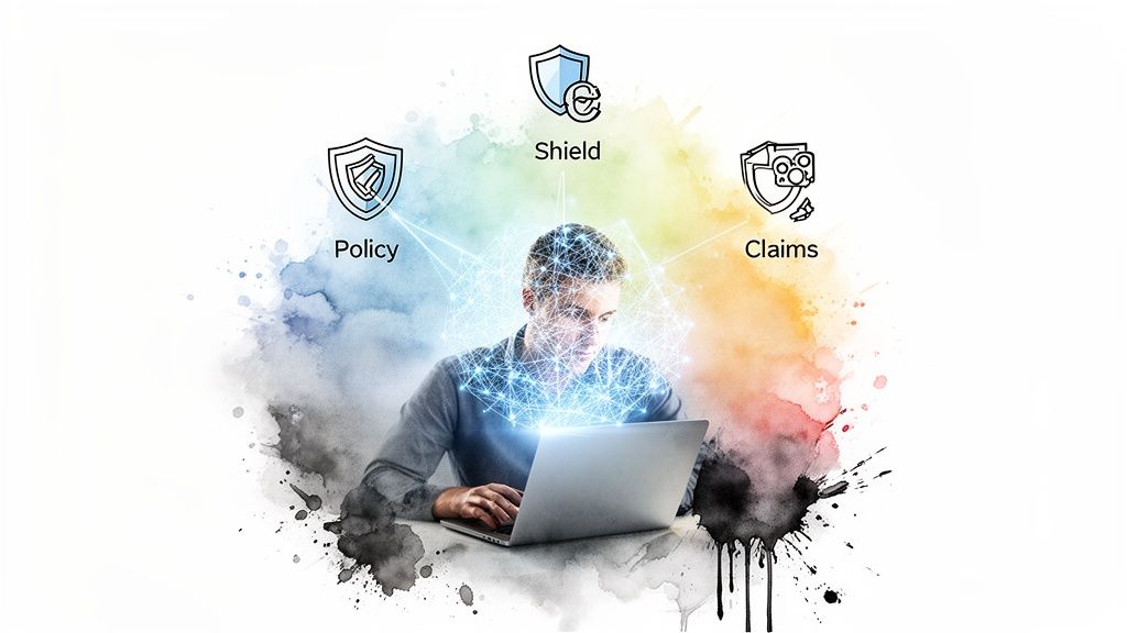A man using a laptop, showing glowing tech connections to insurance concepts: Policy, Shield, and Claims.