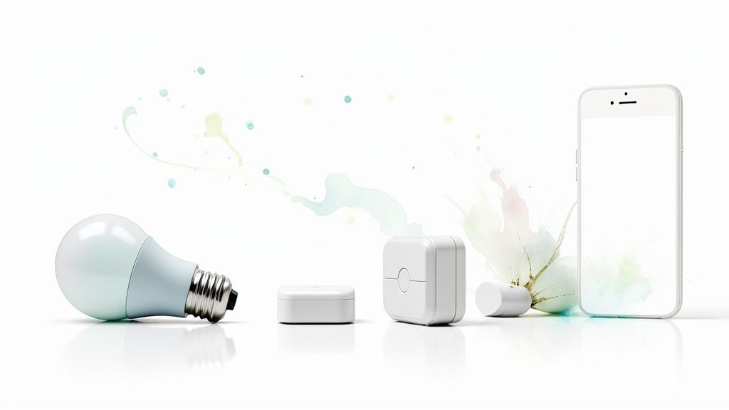 A Guide to Internet of Things Applications Development - A smart bulb, various white IoT sensors, and a smartphone on a clean, artistic background.