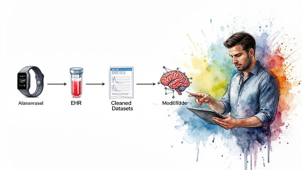 A healthcare data processing pipeline from wearables and EHRs to cleaned datasets, an AI brain model, and human analysis.