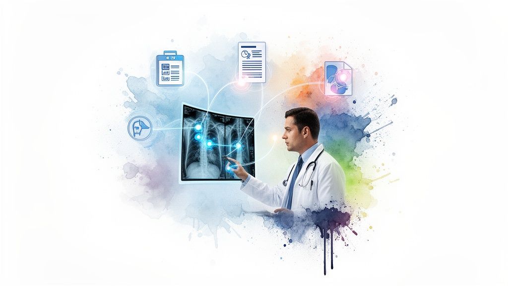 A doctor examines a digital chest X-ray with glowing points, connected to medical data icons, symbolizing healthcare technology and integration.