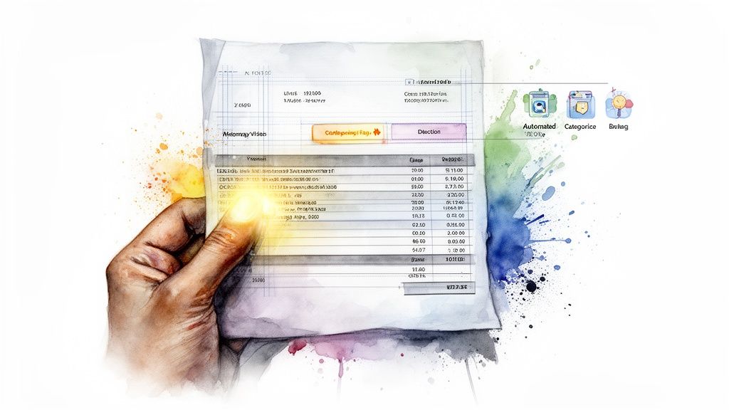 Watercolor painting of a hand interacting with a digital document processing interface, showing data and categorization options.