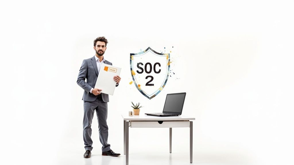 A professional reviewing compliance documents on a laptop, symbolizing the SOC 2 audit process