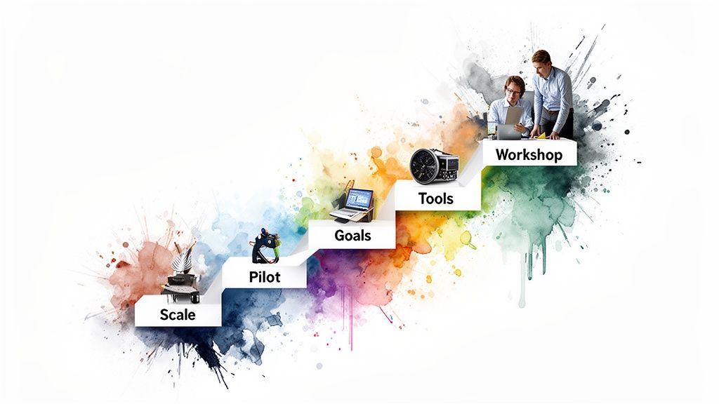 A five-step business process diagram with colorful splashes: Scale, Pilot, Goals, Tools, Workshop.