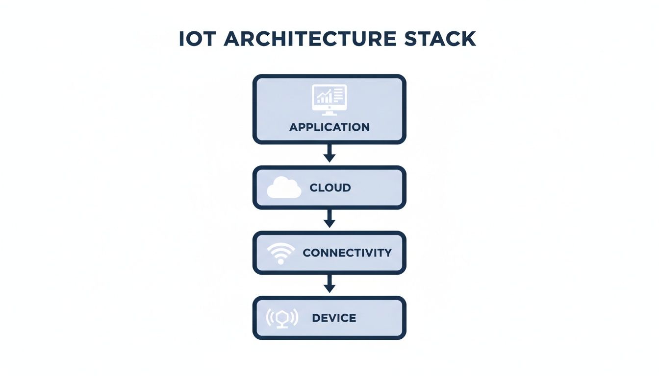 A diagram illustrating the IoT architecture stack with four layers: Application, Cloud, Connectivity, and Device.