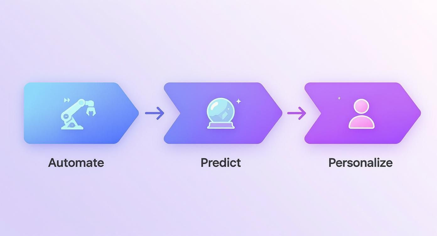 Three connected arrows showing automation, prediction, and personalization workflow with icons for Artificial Intelligence Integration Services 