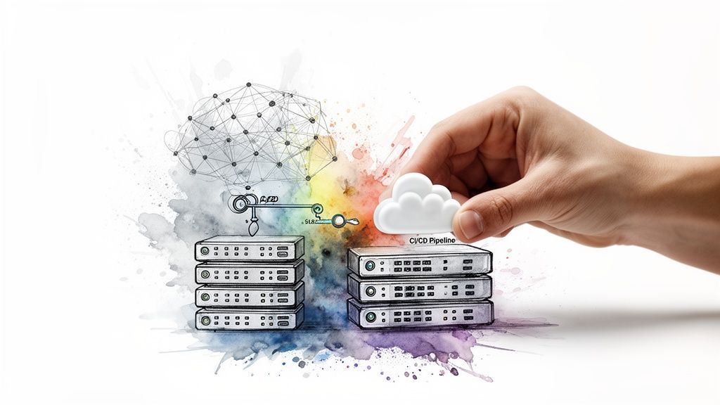 A hand places a cloud icon labeled "CI/CD Pipeline" onto server stacks, connected to a network diagram.