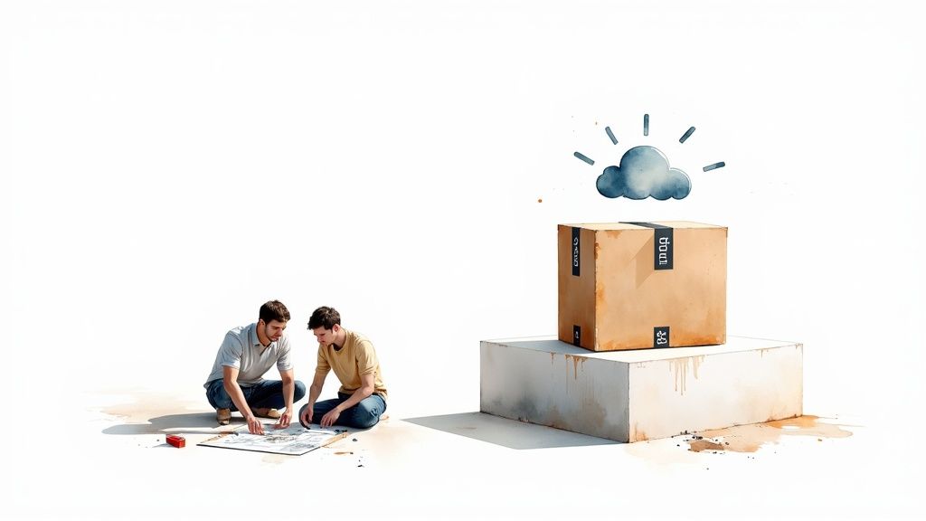 Two professionals planning ecommerce strategy next to delivery boxes with cloud technology icon above