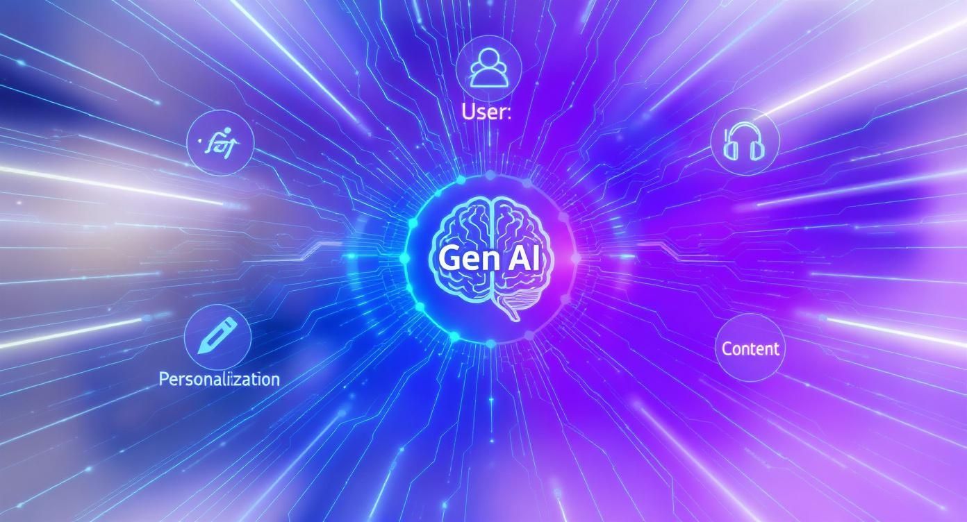 Generative AI and Ecommerce - Generative AI brain at the core, connecting user experience, content, and personalization within a digital network.