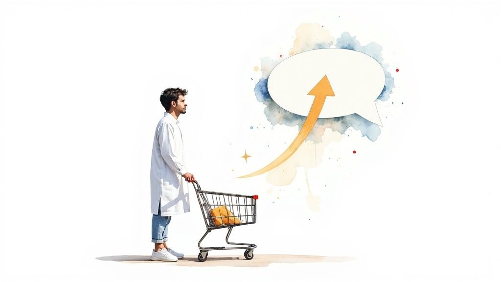 An abstract image showing interconnected nodes and chat bubbles, representing AI communication in ecommerce.