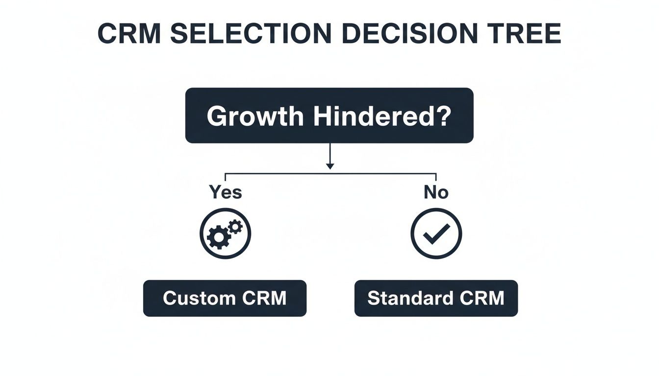CRM Software Development For Scalable Solutions - A decision tree diagram for CRM selection, guiding users to choose between Custom CRM or Standard CRM.