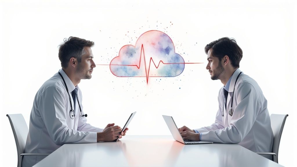 A doctor using a digital tablet to review medical data, symbolizing the integration of software in healthcare.