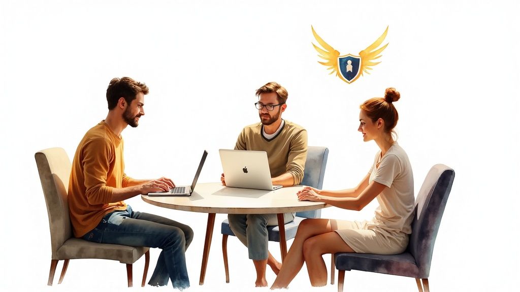 Three people, two men and one woman, work on laptops at a round table, with a shield and wings logo above.