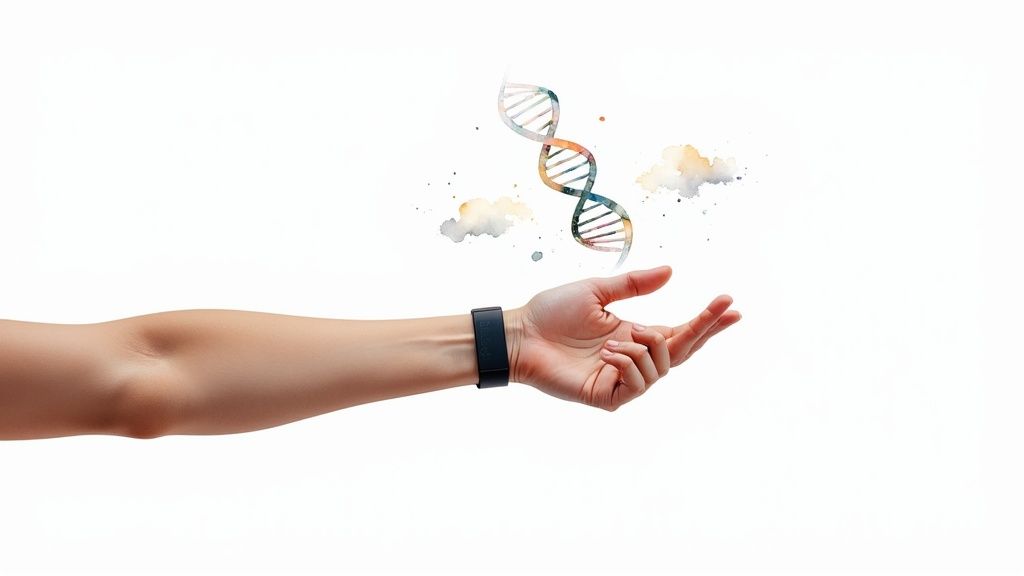 A futuristic medical interface showing human DNA strands and health data.