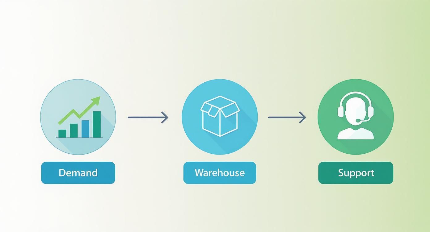 A business process flow illustrating demand, warehouse operations, and customer support.