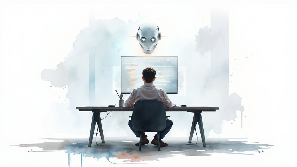 AI Software Development Solutions Explained - A software developer codes at a desk, supervised by an abstract AI robot head.