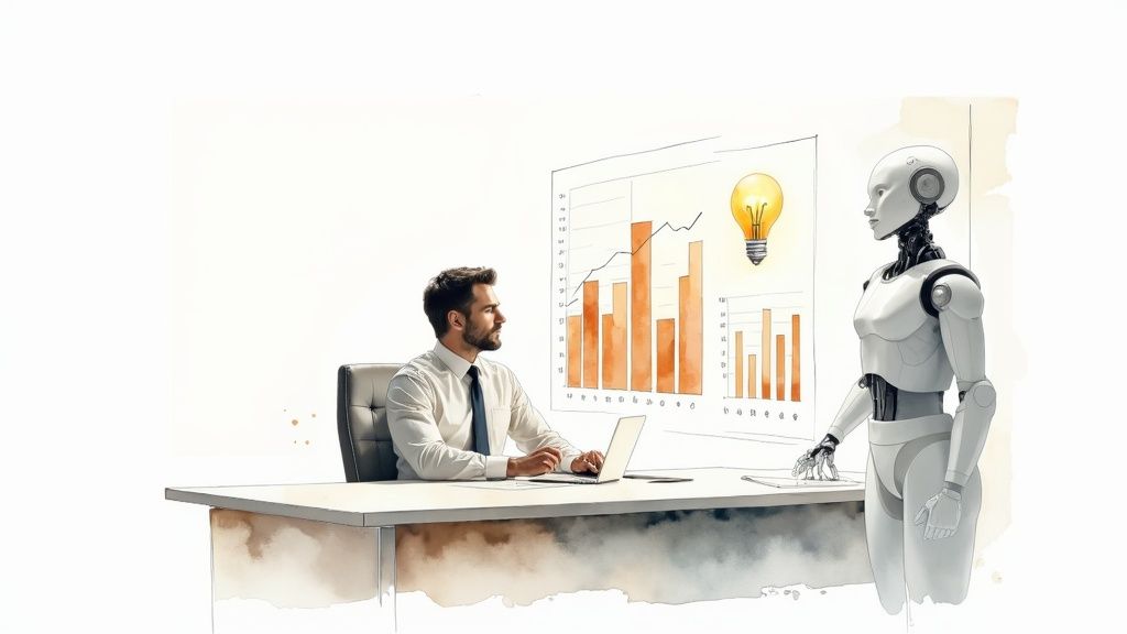 A business professional analyzing data on a futuristic interface, representing machine learning in a business context.